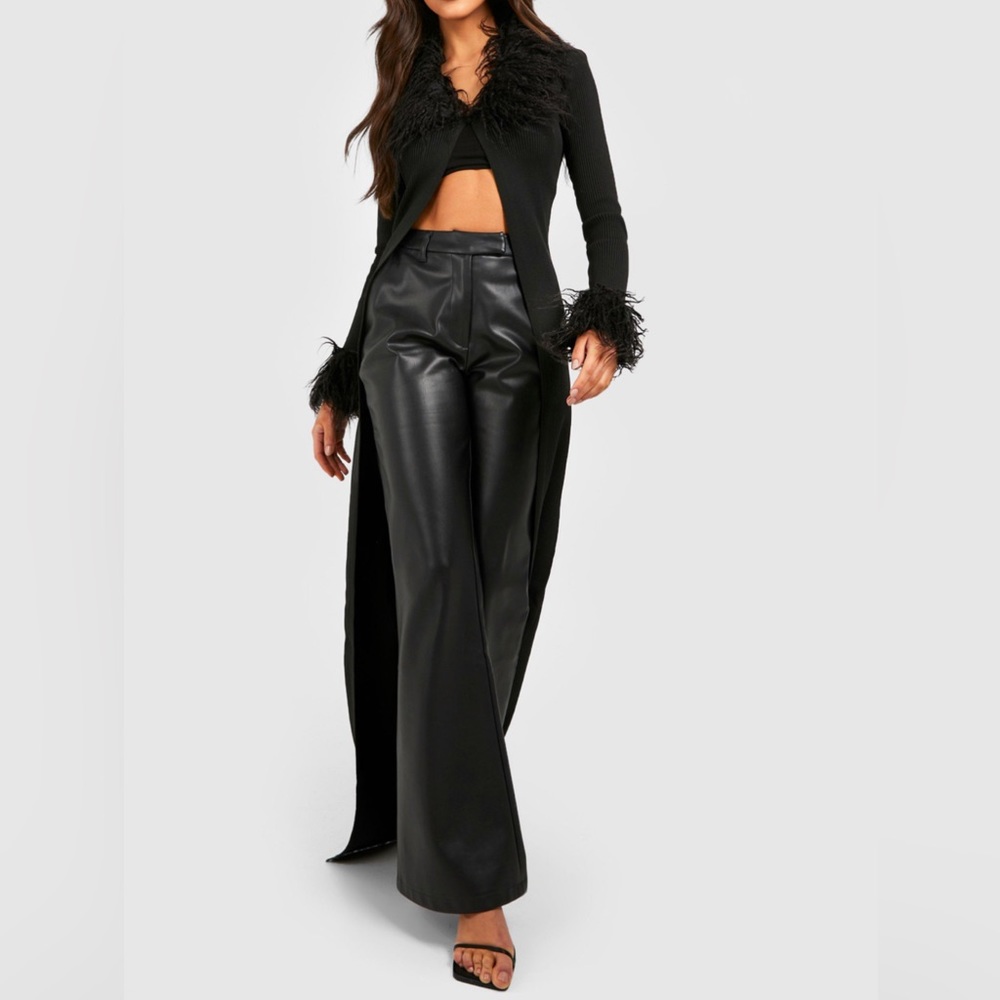 FAUX FUR TRIM RIB KNIT MAXI CARDIGAN